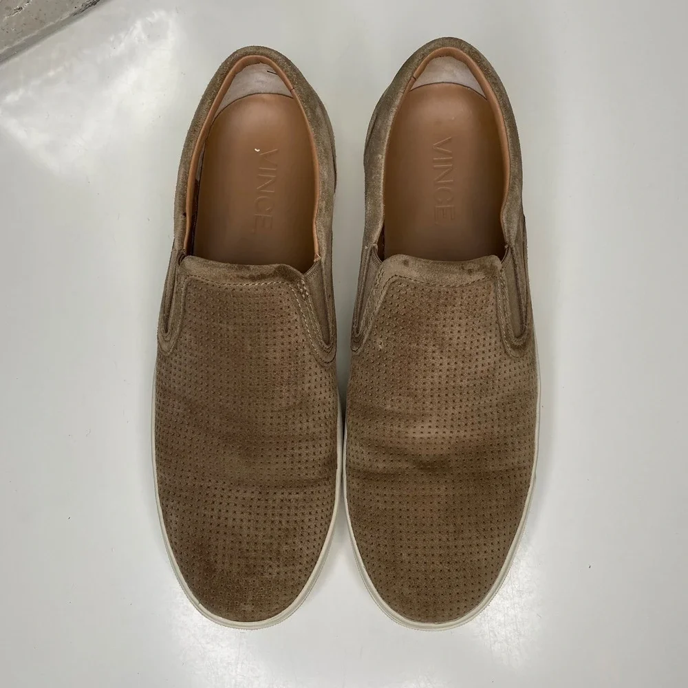Vince Mens Ace Suede Perforated‎ Slip On Sneakers Tan Size 8 US/41 EU